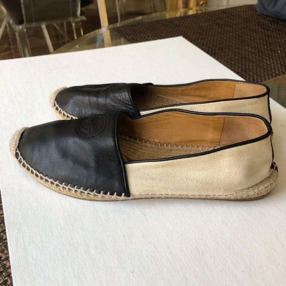 Gucci black leather and beige fabric espadrilles women’s size 39.5